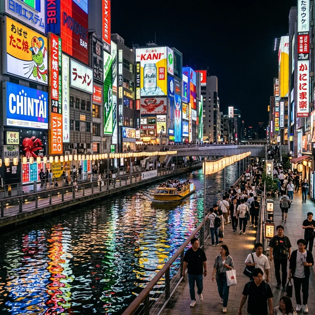 화려한 네온사인이 빛나는 오사카 도톤보리 글리코상