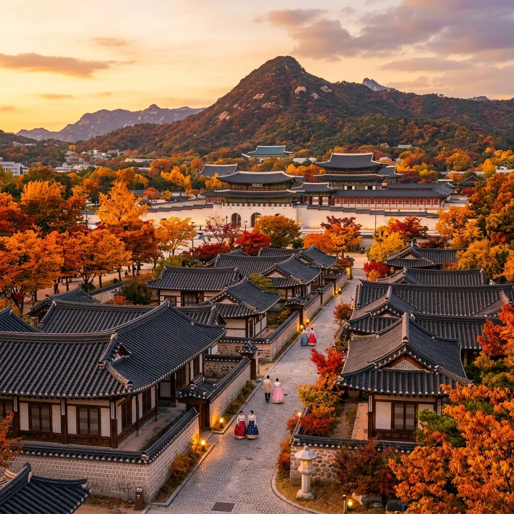전주 한옥마을 전경과 한복을 입은 사람들